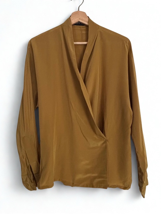 Linda Allard Ellen Tracy Tops - Vintage Linda Allard for Ellen Tracy 100% Silk Wrap Blouse - Mustard Gold Size 4